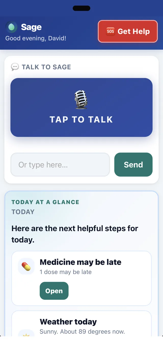 Sage for Seniors home screen with a large Tap to Talk button and today's helpful steps